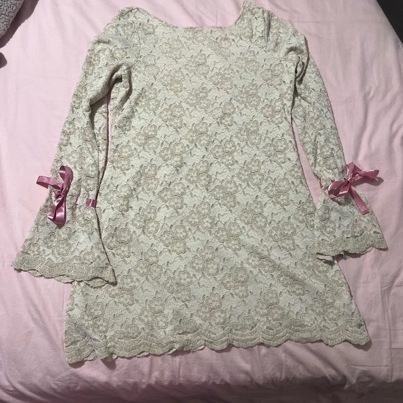 Kimchi Blue Cream Floral Lace Dress with Pink Ribbons - Picture 1 of 5